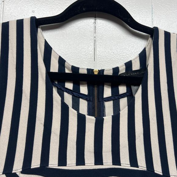 Marc Jacobs Short Sleeve Striped Navy Blue & Cream Women's Sheath Dress Size M - Picture 6 of 14